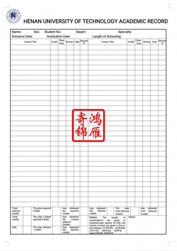 河南工业大学出国留学英文成绩单打印翻译模板（竖版）