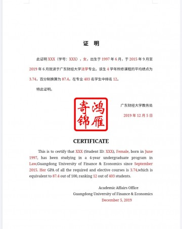 广东财经大学出国留学往届毕业生均分证明排名证明打印翻译模板