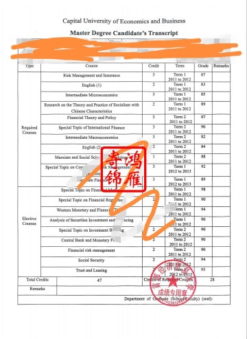 首都经济贸易大学出国留学中英文成绩单打印案例