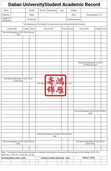 大连大学出国留学英文成绩单翻译模板