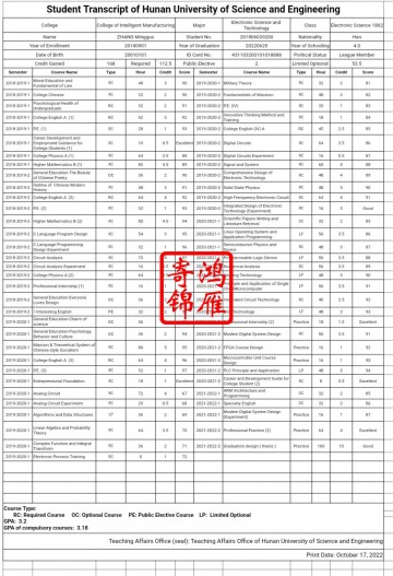 湖南科技学院出国留学英文成绩单带均分打印翻译模板
