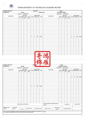 河南工业大学出国留学英文成绩单打印翻译模板（横版）