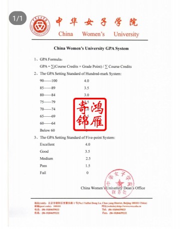 中华女子学院出国留学成绩单学分绩点换算标准证明GPA打印案例