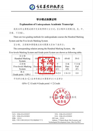吉林农业科技学院出国留学成绩单平均学分绩点证明GPA计算方法
