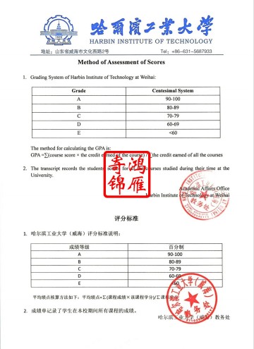 哈尔滨工业大学（威海）出国留学成绩单平均学分绩点计算方法证明GPA