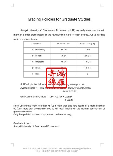 江西财经大学研究生出国留学成绩中英文平均学分绩点计算方法证明GPA