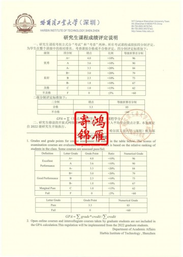 哈尔滨工业大学（深圳）研究生出国留学成绩单平均学分绩点证明GPA计算方法