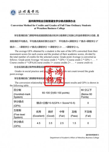 温州商学院出国留学成绩单平均学分绩点证明计算方法标准