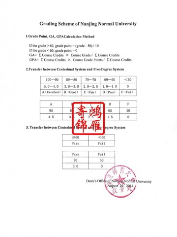 南京师范大学本科出国留学成绩中英文绩点证明GPA计算方法证明打印案例