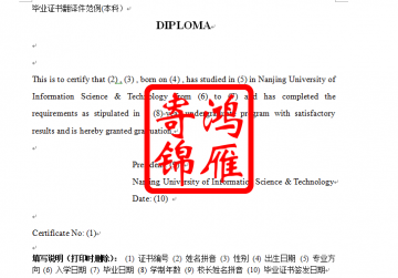 南京信息工程大学本科毕业证翻译件模版