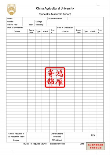 中国农业大学本科生出国留学英文成绩单打印翻译模板