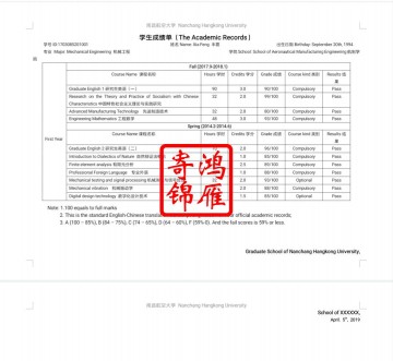 南昌航空大学研究生出国留学英文成绩单打印翻译模板