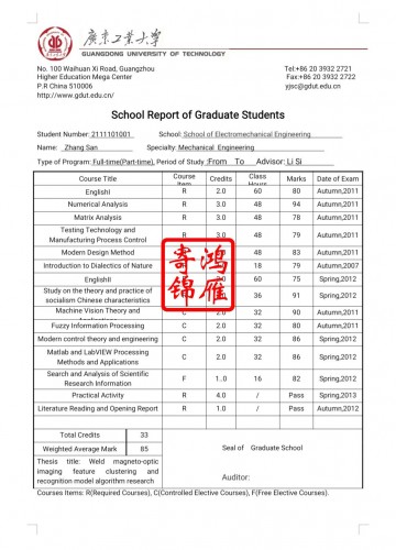 广东工业大学研究生出国留学英文成绩单翻译模板