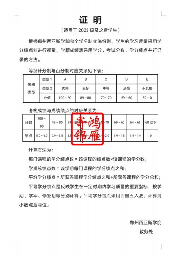 郑州西亚斯学院出国留学2022级及以后毕业生中英文成绩单平均学分绩点计算方法证明