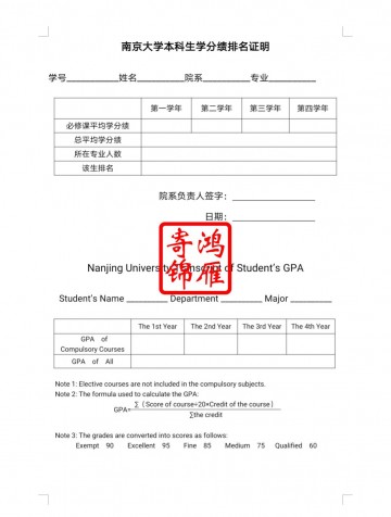 南京大学本科生出国留学中英文学分绩排名证明打印翻译模板