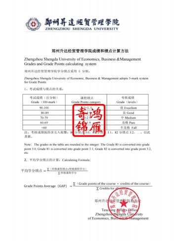 郑州升达经贸管理学院出国留学成绩单平均学分绩点证明GPA计算方法