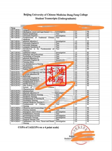 北京中医药大学东方学院出国留学中英文成绩单打印案例