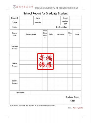 北京中医药大学研究生英文成绩单翻译模板