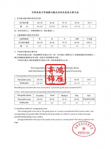 吉林农业大学出国留学成绩单平均学分绩点GPA计算方法证明