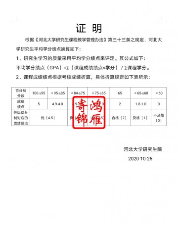 河北大学研究生出国留学成绩GPA绩点证明