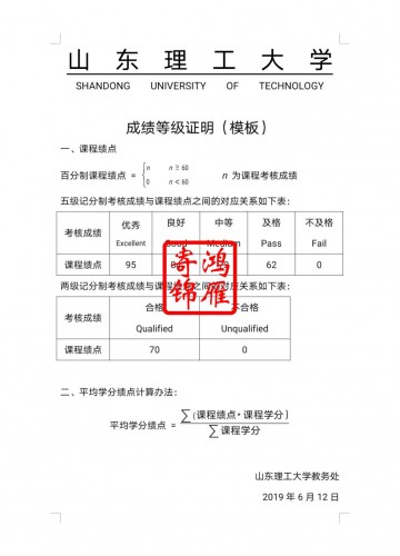 山东理工大学出国留学成绩单等级证明打印模板