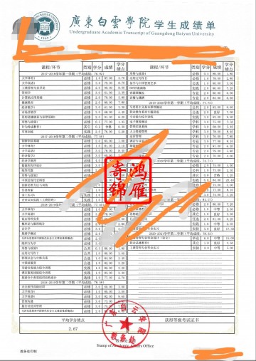 广东白云学院出国留学中文成绩单打印案例