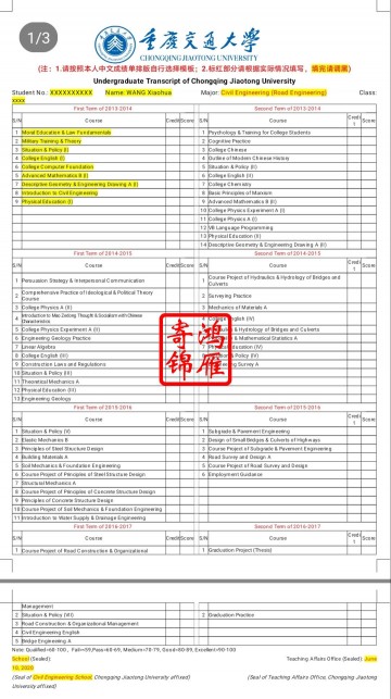 重庆交通大学出国留学英文成绩单打印翻译模板