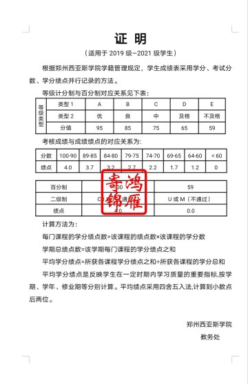 郑州西亚斯学院出国留学2019-2021级毕业生中英文成绩单平均学分绩点计算方法证明