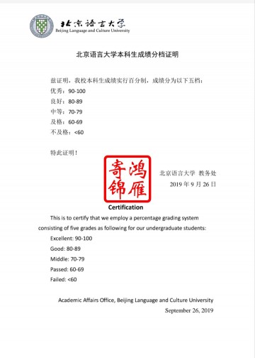 北京语言大学本科生出国留学中英文成绩单分档证明