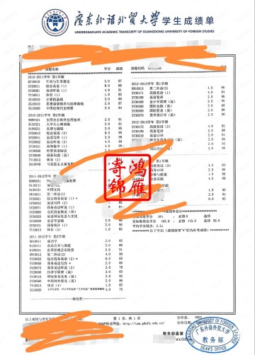 广东外语外贸大学本科出国留学中英文成绩单打印案例