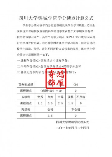 成都锦城学院出国留学成绩单平均学分绩点证明GPA计算方法