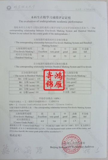 北京理工大学本科出国留学成绩平均学分绩点证明