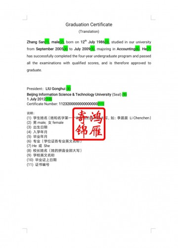 北京信息科技大学本科出国留学英文毕业证明学位证明打印翻译模板