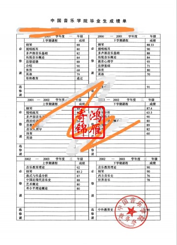 中国音乐学院本科出国留学中文成绩单打印案例