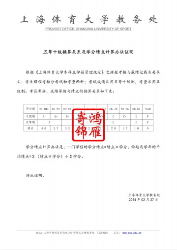 上海体育大学出国留学成绩单五等十级换算关系及学分绩点计算方法证明GPA