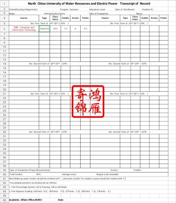 华北水利水电大学出国留学英文成绩单打印翻译模板