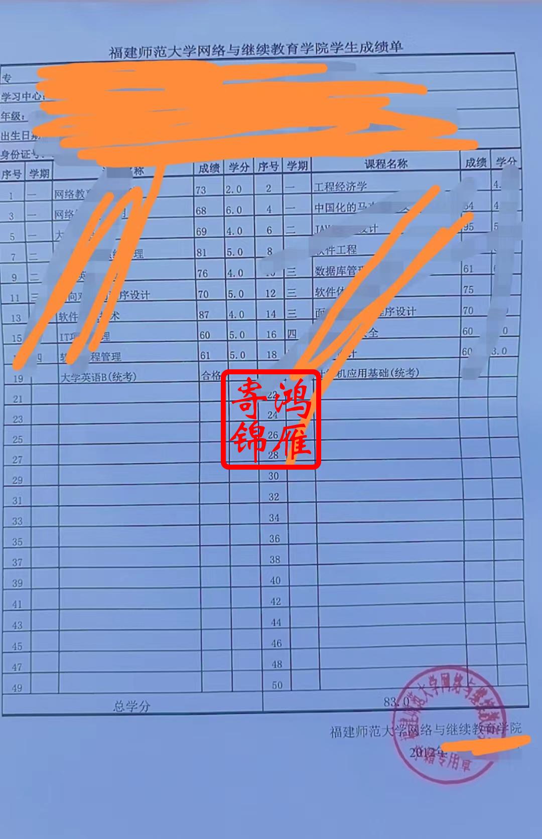 福建师范大学网络与继续教育学院中文成绩单打印案例.jpg